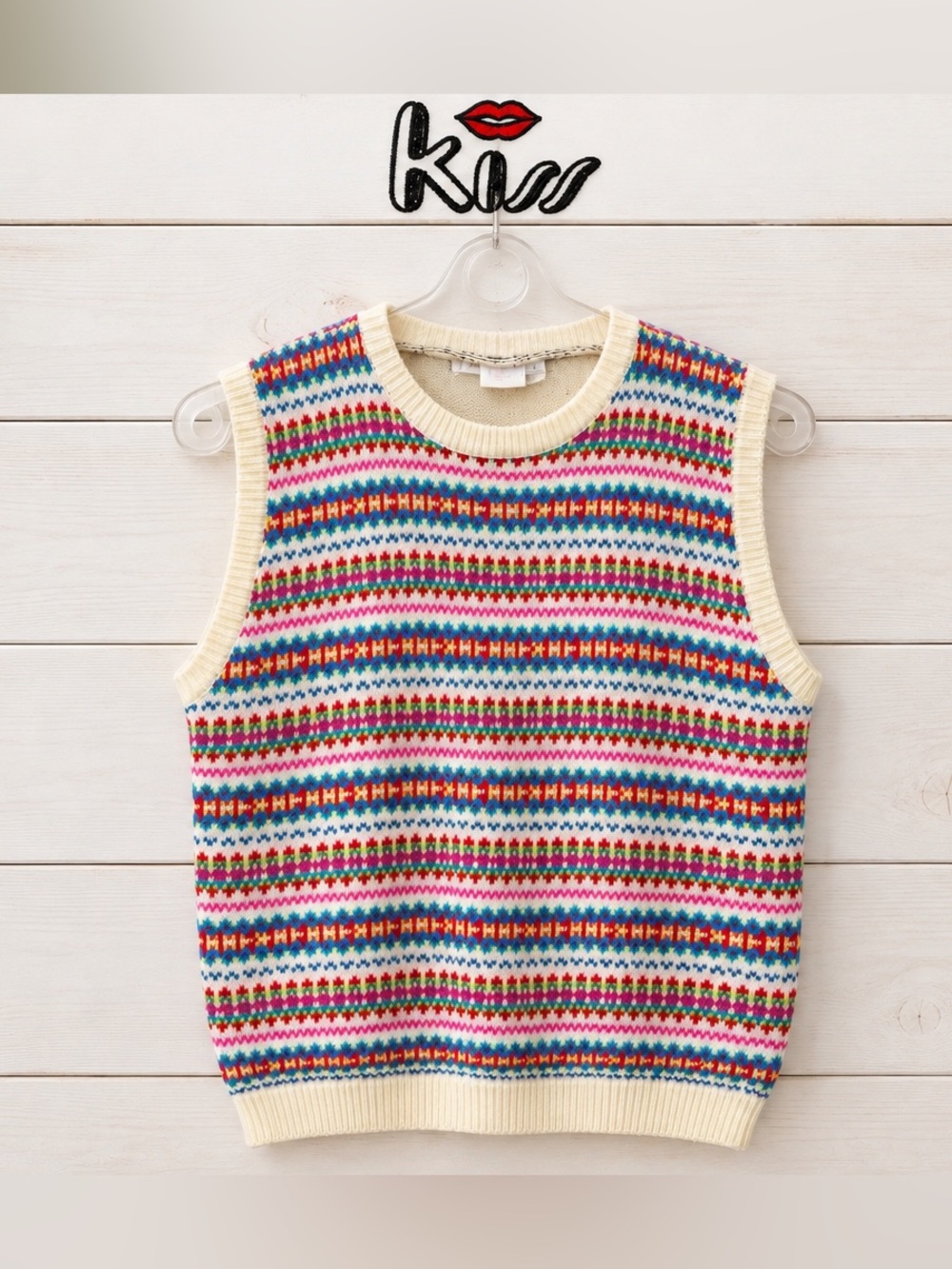 Kiss – Débardeur vintage en maille Fair Isle multicolore – Taille M